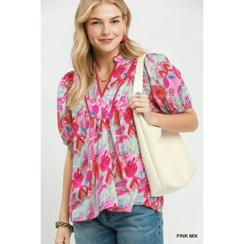 Umgee Abstract Print Puff Sleeve Top - Pink Mix -‎ Medium